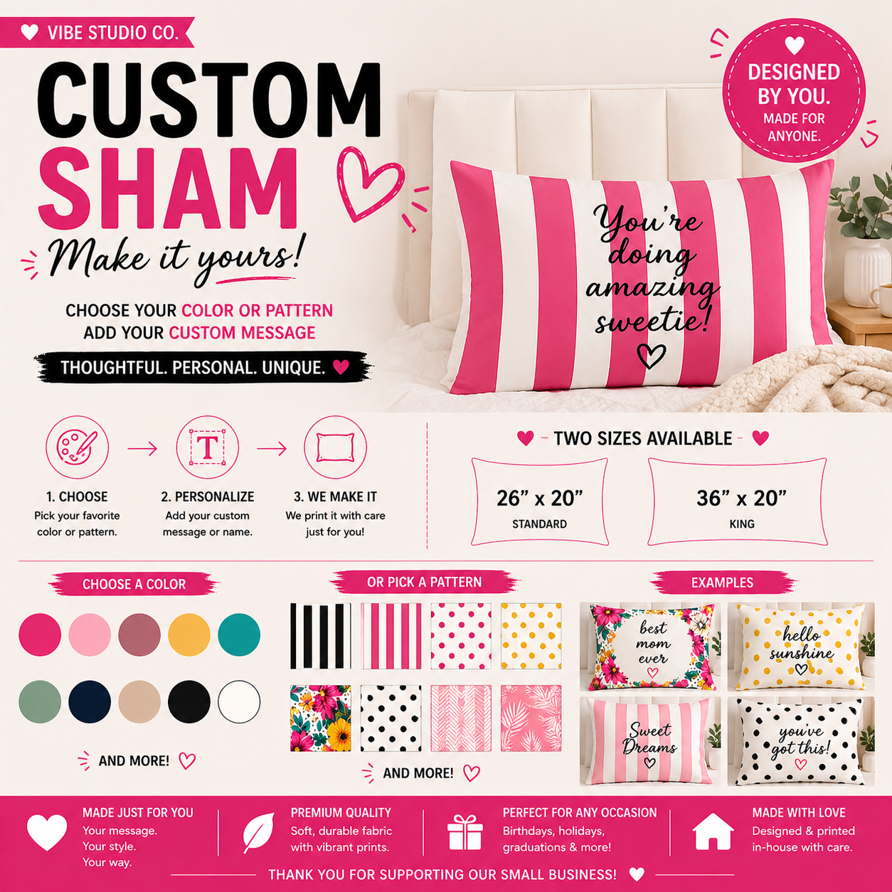 Custom Pillow Sham Choose Your Color Personalized Sham Custom Text Cotton Sham