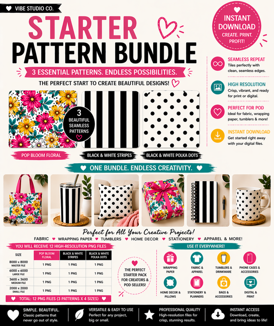Starter Pattern Bundle Seamless Patterns PNG 8000x8000 Floral Stripe Polka Dot Set