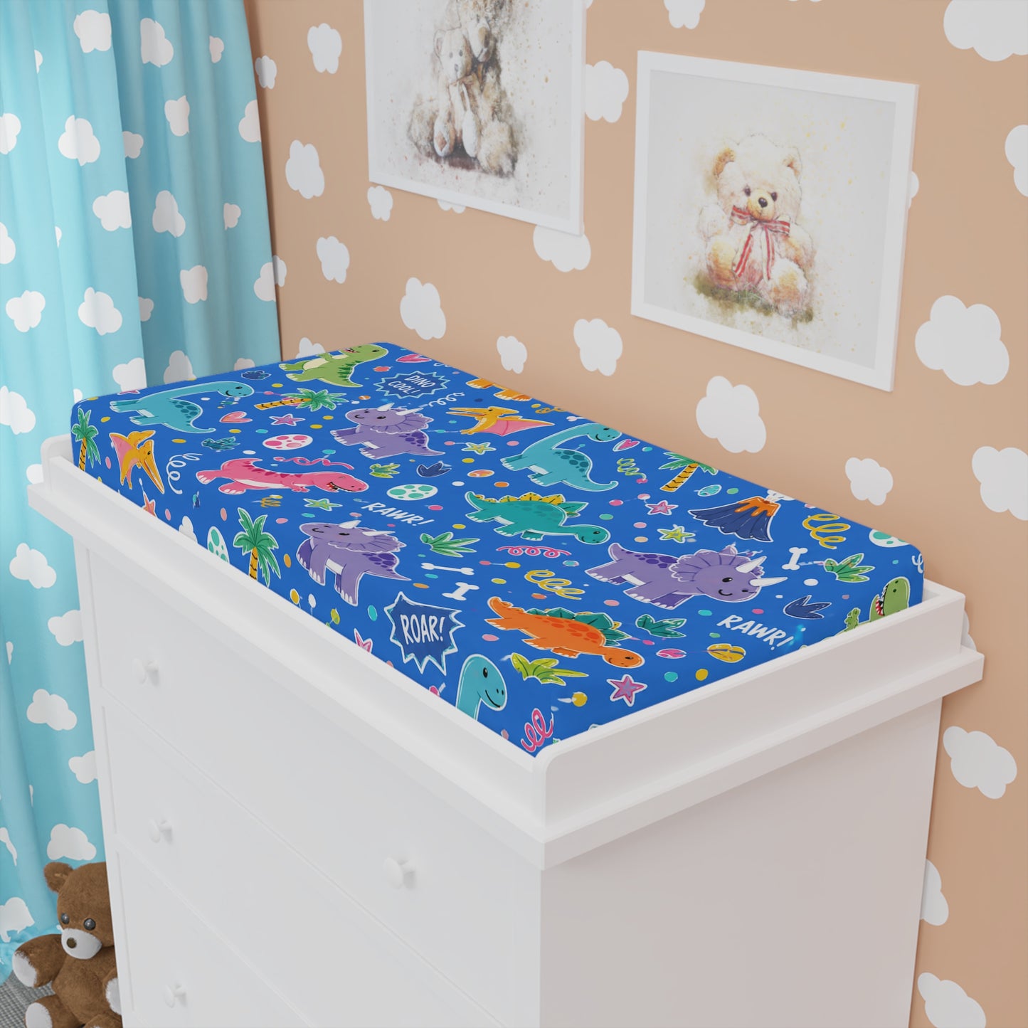 Blue Dino Baby Changing Pad Cover Dinosaur Nursery Changing Pad Cover