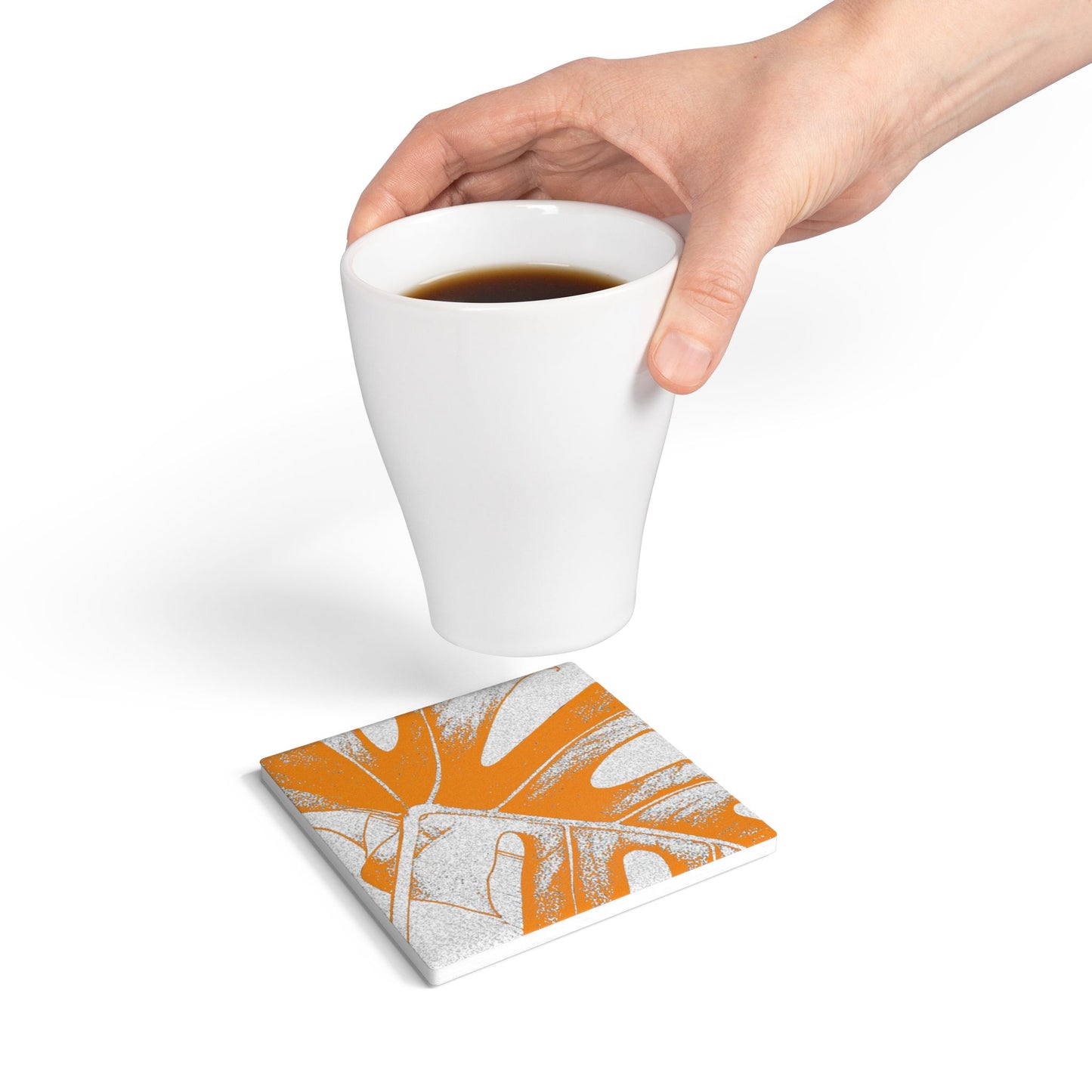 Monstera Leaf Tangerine Ceramic Coaster Botanical Drink Coaster