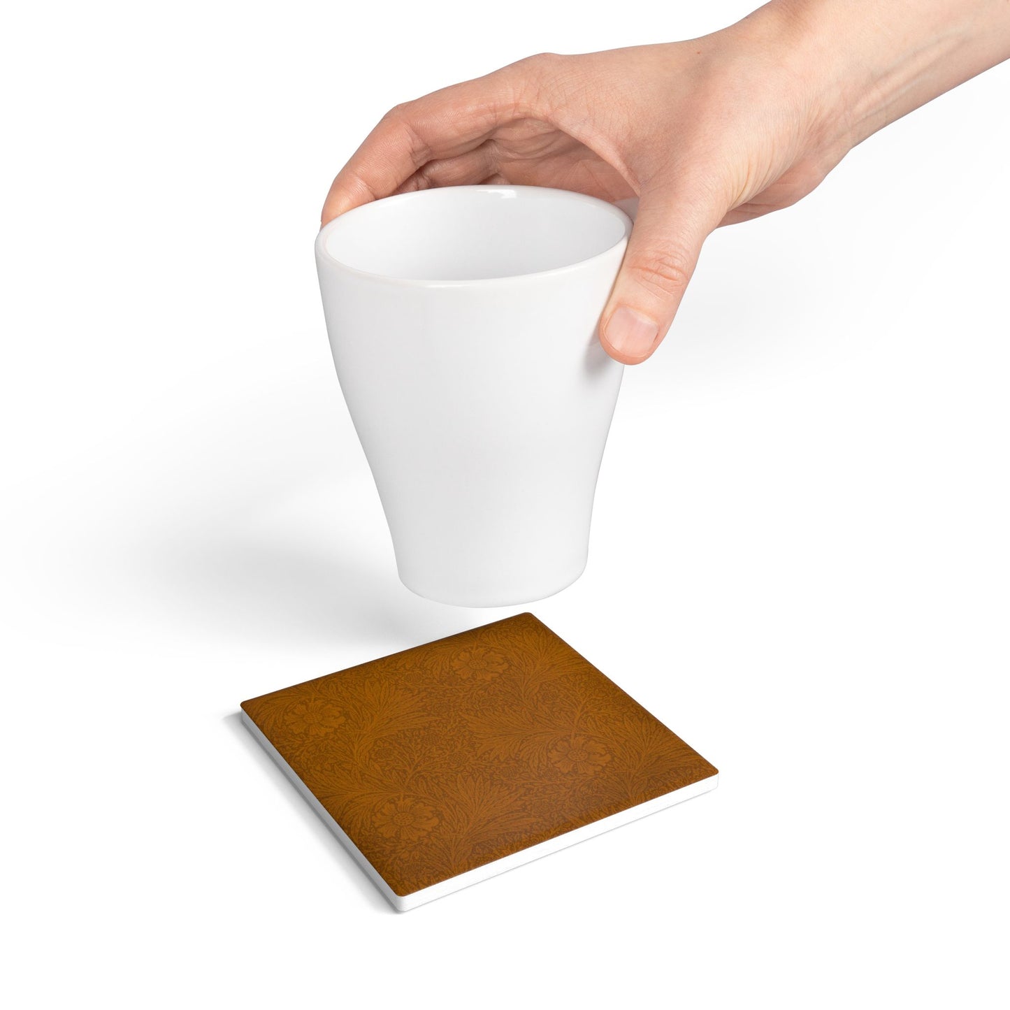 Saddle Tan Ceramic Coaster Tonal Botanical Drink Coaster