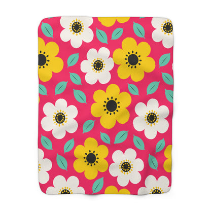 Happy Flower Sherpa Fleece Blanket Cozy Plush Throw Retro Daisy Blanket