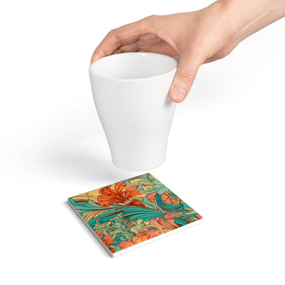 Coral Flourish Ceramic Coaster Botanical Drink Coaster