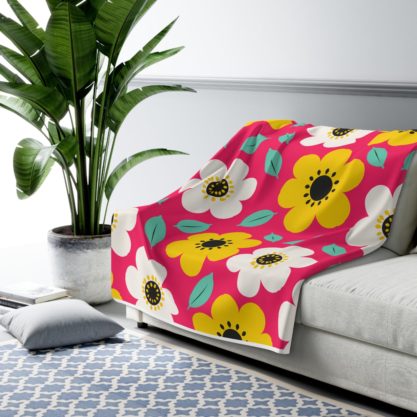 Happy Flower Sherpa Fleece Blanket Cozy Plush Throw Retro Daisy Blanket