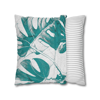 Monstera Leaf Deep Aqua Canvas Pillow Cover 20x20