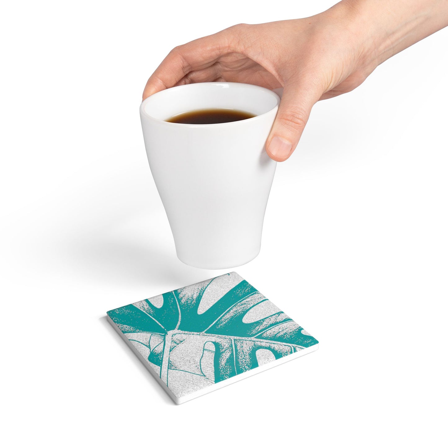 Monstera Leaf Deep Aqua Ceramic Coaster Botanical Drink Coaster