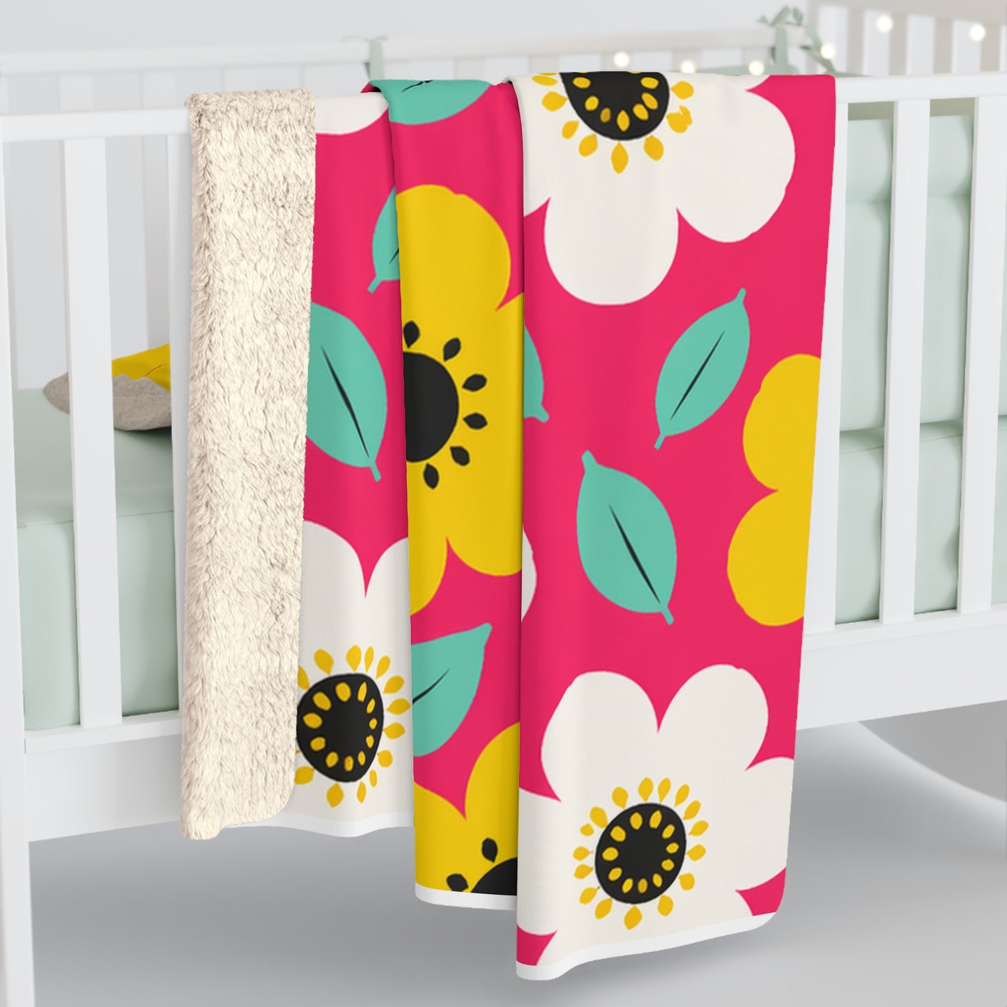 Happy Flower Sherpa Fleece Blanket Cozy Plush Throw Retro Daisy Blanket