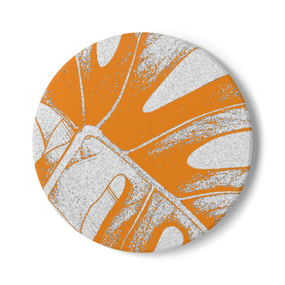 Monstera Leaf Tangerine Ceramic Coaster Botanical Drink Coaster