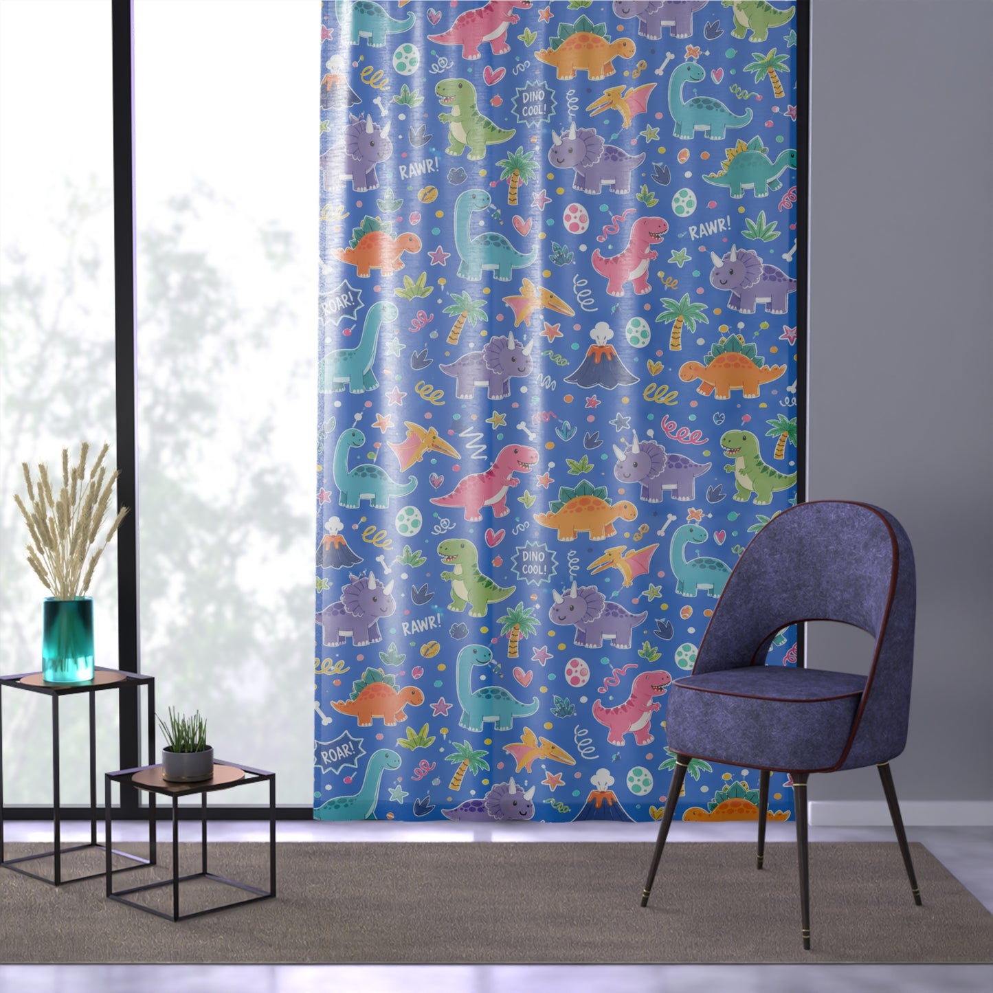 Blue Dino Sheer Curtain Panel 50 x 84 Dinosaur Window Curtain