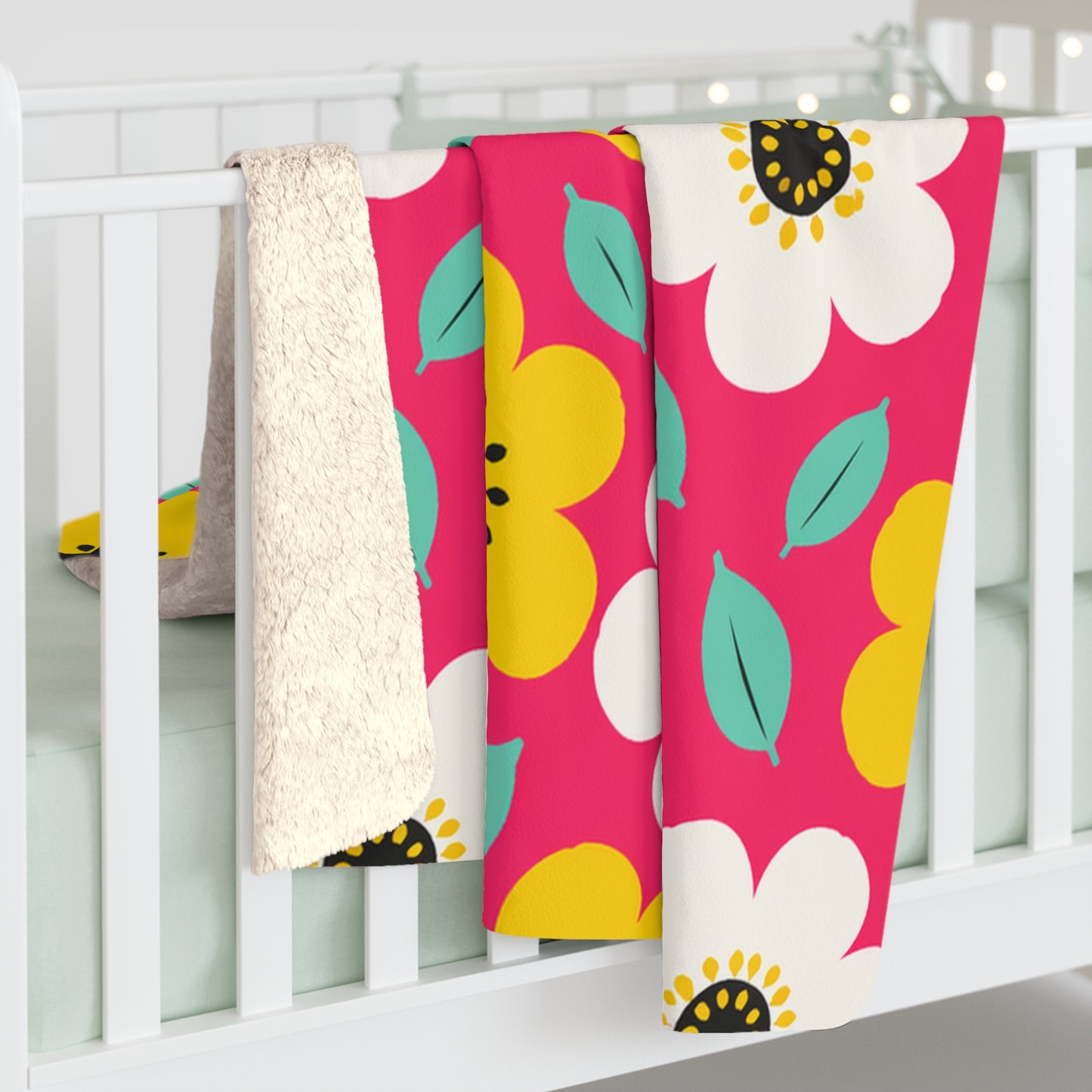 Happy Flower Sherpa Fleece Blanket Cozy Plush Throw Retro Daisy Blanket