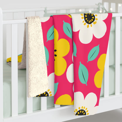 Happy Flower Sherpa Fleece Blanket Cozy Plush Throw Retro Daisy Blanket