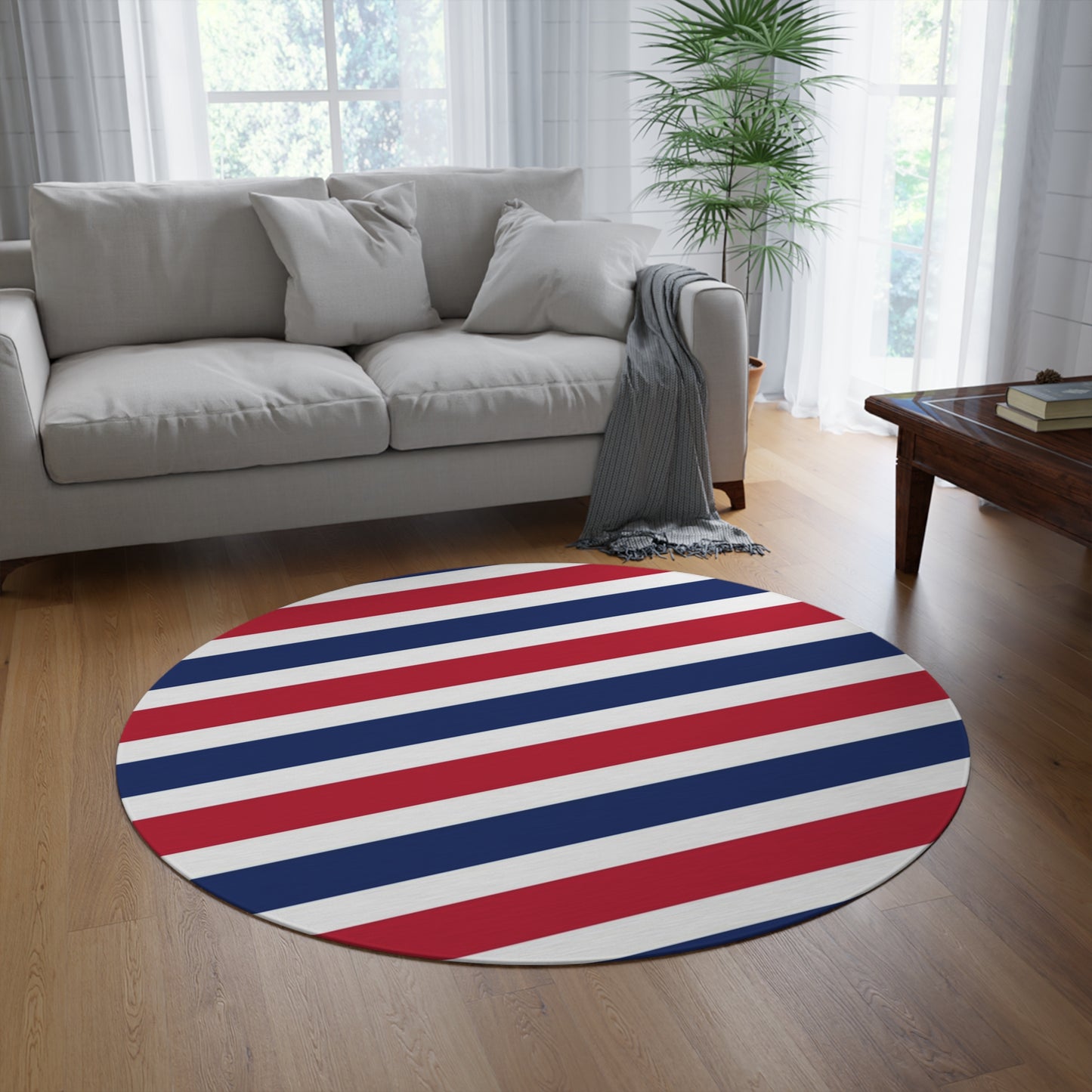 Red, White and Blue Stripe Round Rug 60 Inch Patriotic Area Rug