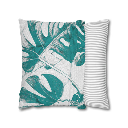 Monstera Leaf Deep Aqua Canvas Pillow Cover 20x20