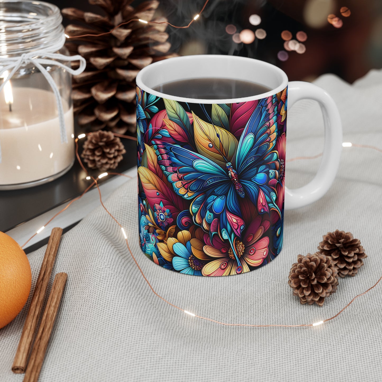 Butterfly Floral Mug - Metamorphosis Design, Vibrant Ceramic Coffee Cup