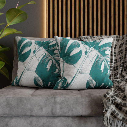 Monstera Leaf Deep Aqua Canvas Pillow Cover 20x20