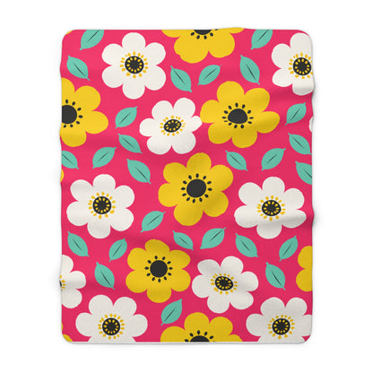 Happy Flower Sherpa Fleece Blanket Cozy Plush Throw Retro Daisy Blanket