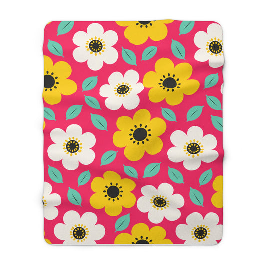 Happy Flower Sherpa Fleece Blanket Cozy Plush Throw Retro Daisy Blanket