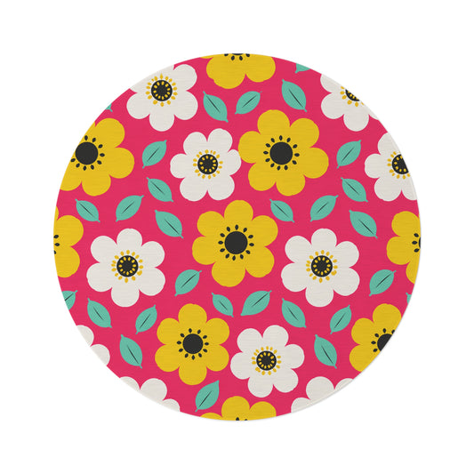 Happy Flower Round Area Rug 60 Inch Retro Daisy Floor Rug