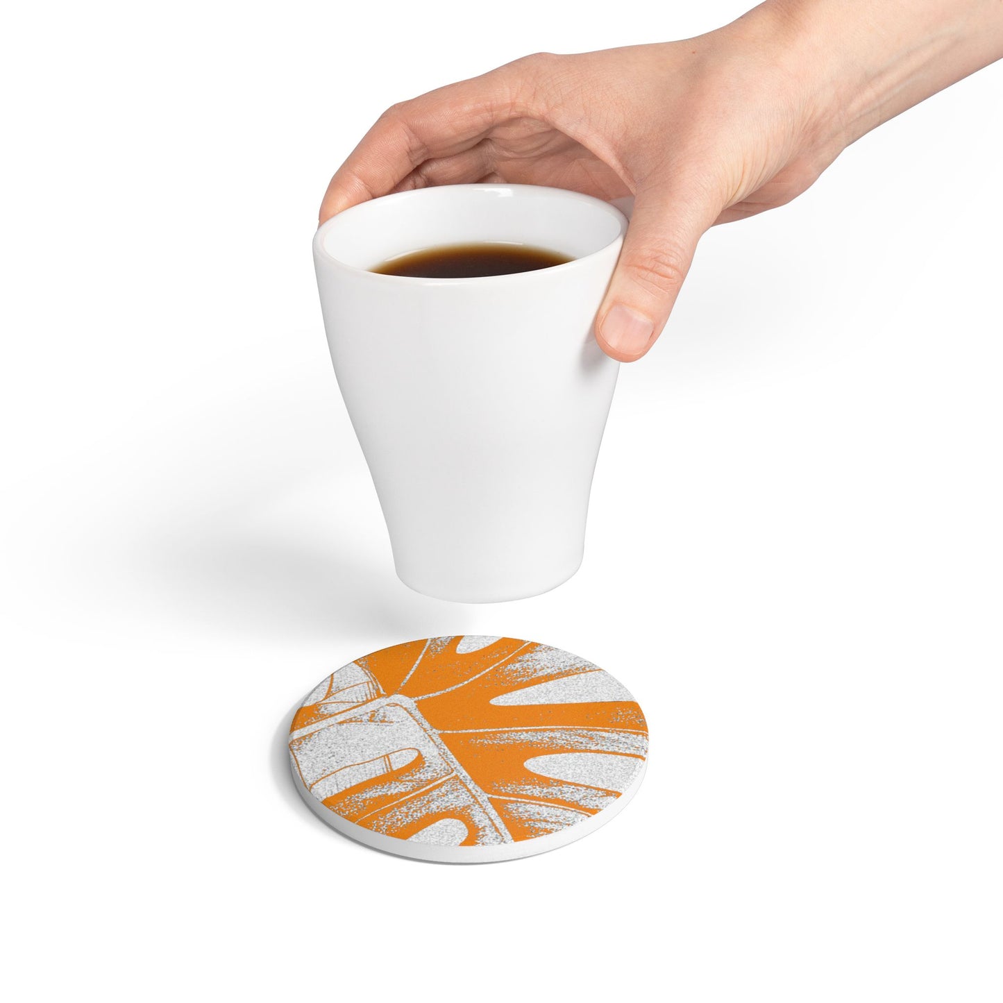 Monstera Leaf Tangerine Ceramic Coaster Botanical Drink Coaster