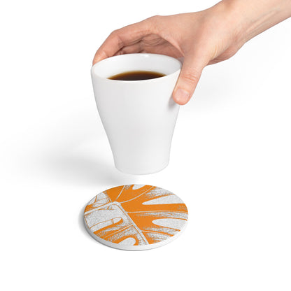 Monstera Leaf Tangerine Ceramic Coaster Botanical Drink Coaster