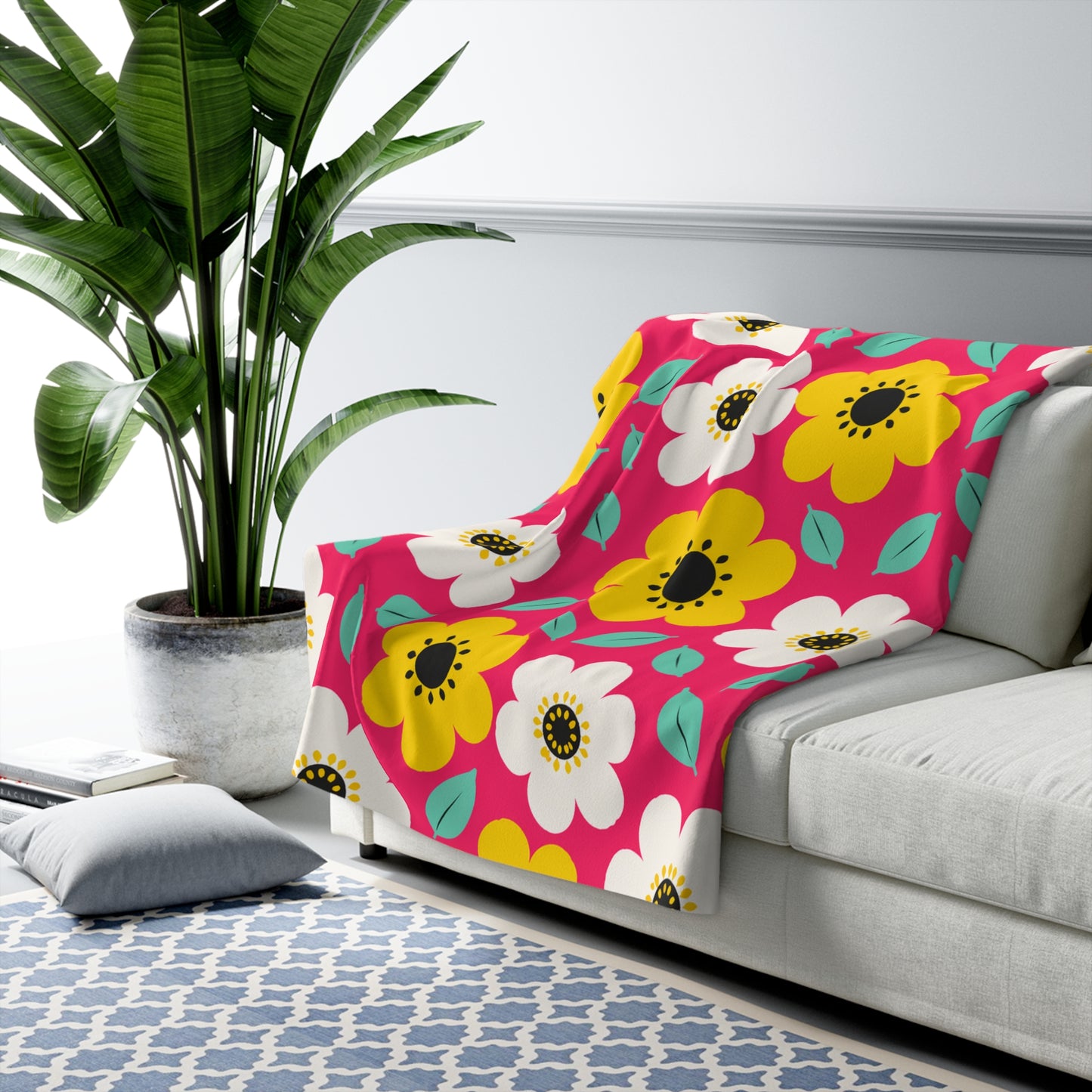 Happy Flower Sherpa Fleece Blanket Cozy Plush Throw Retro Daisy Blanket