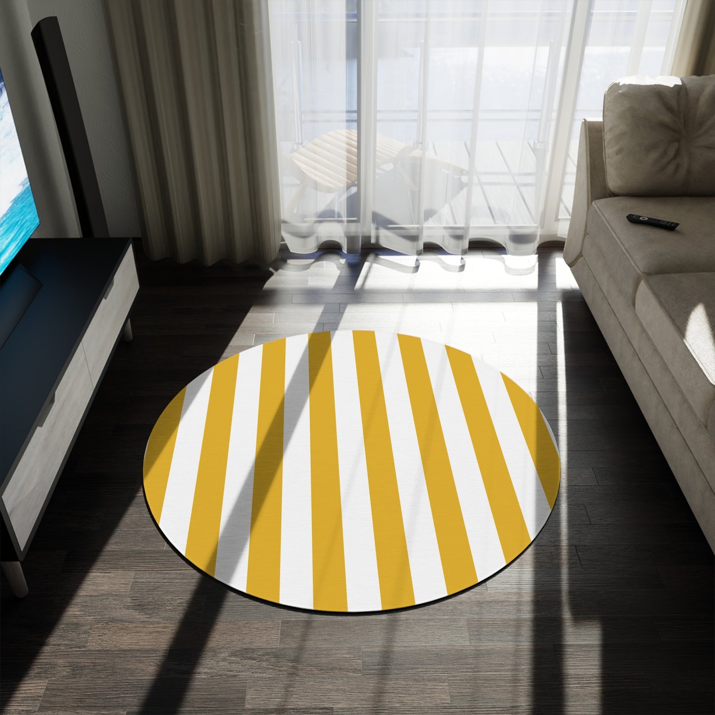 Yellow Stripe Round Rug 60 Inch Modern Striped Area Rug Bright Minimal Room Decor