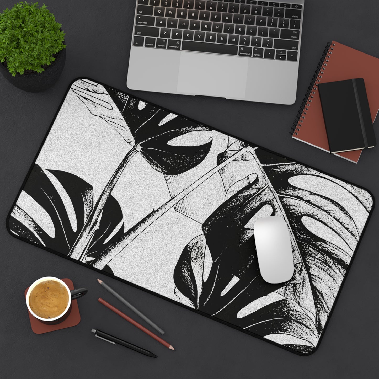 Monstera Leaf Black White Desk Pad