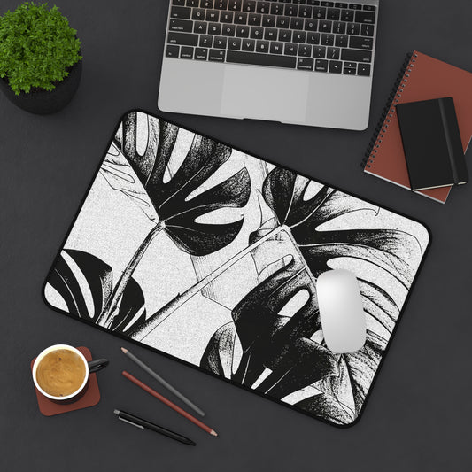 Monstera Leaf Black White Desk Pad