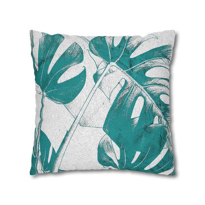 Monstera Leaf Deep Aqua Canvas Pillow Cover 20x20