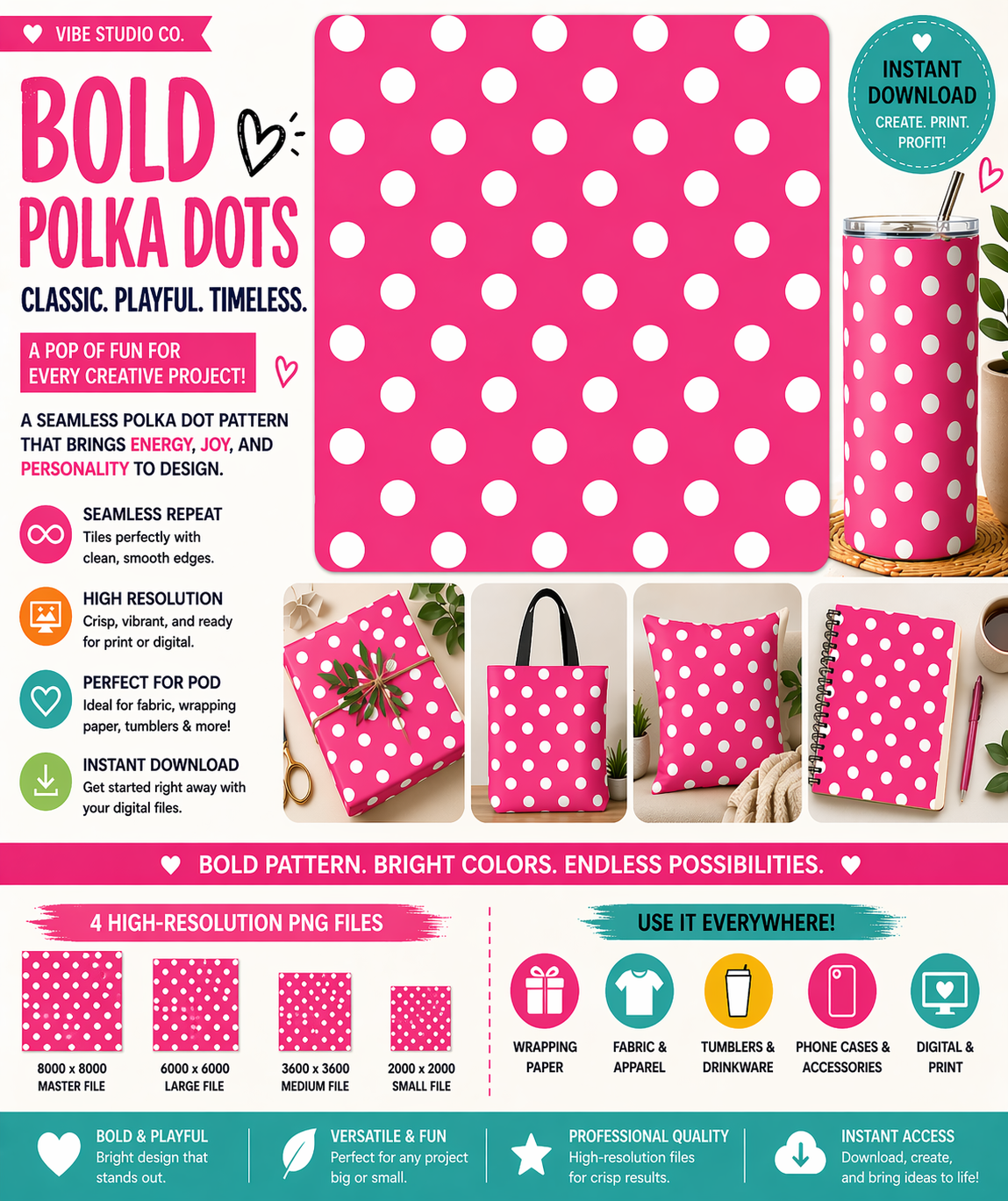 Hot Pink Polka Dot Seamless Pattern Bright Dot Pattern PNG 8000x8000 Repeat Tile