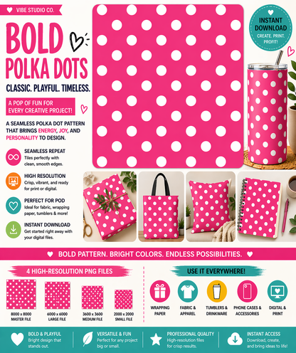 Hot Pink Polka Dot Seamless Pattern Bright Dot Pattern PNG 8000x8000 Repeat Tile