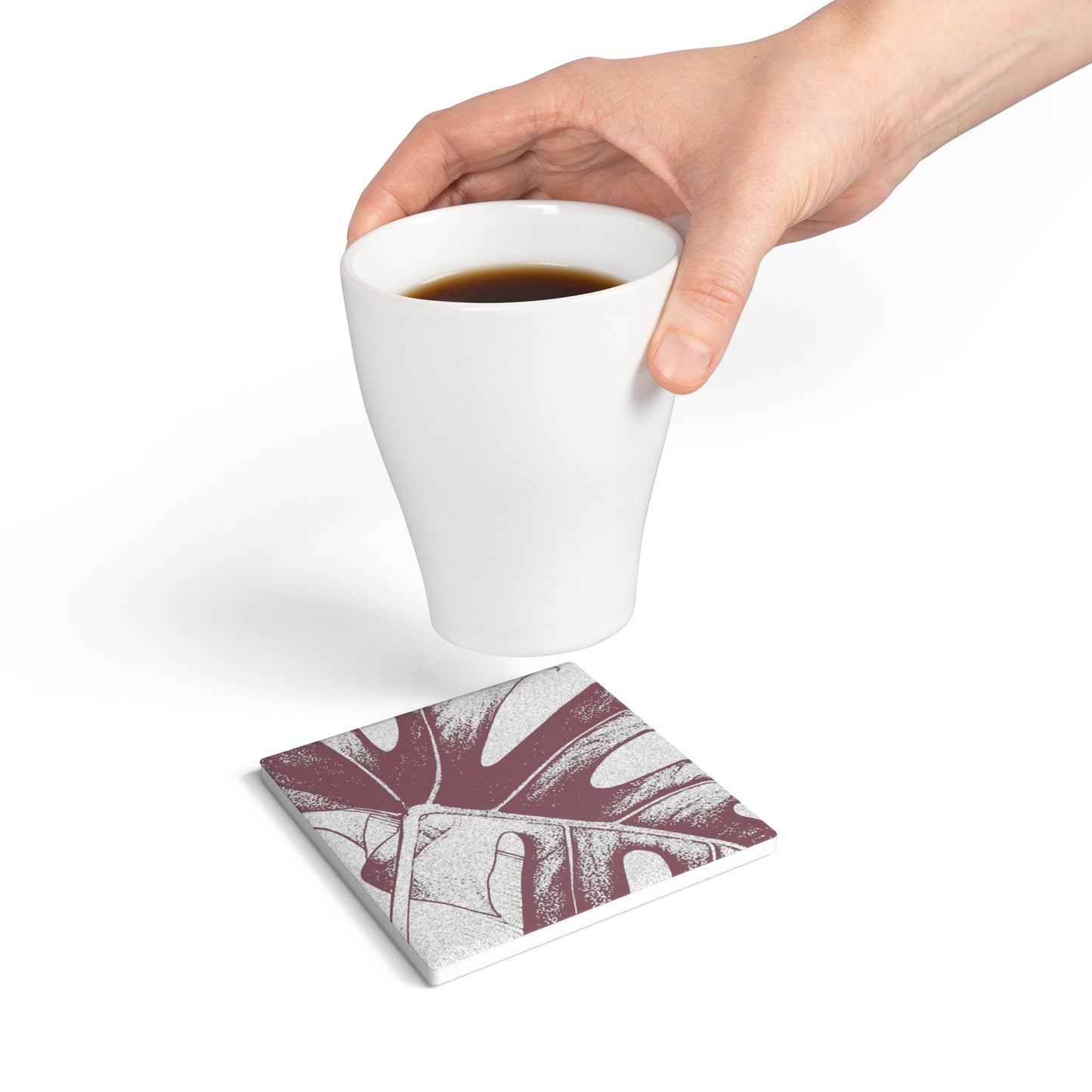 Monstera Leaf Mauve Ceramic Coaster Botanical Drink Coaster
