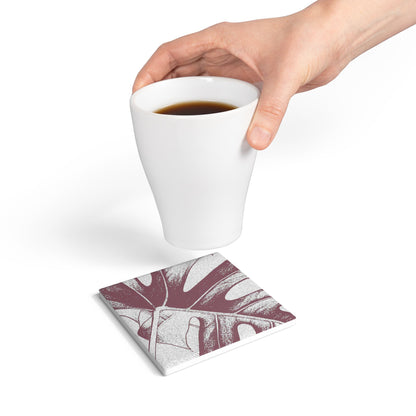 Monstera Leaf Mauve Ceramic Coaster Botanical Drink Coaster