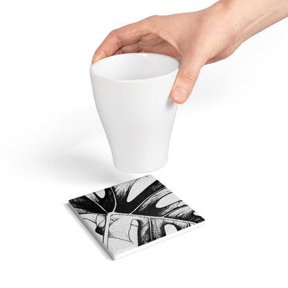 Monstera Leaf Black Ceramic Coaster Botanical Drink Coaster