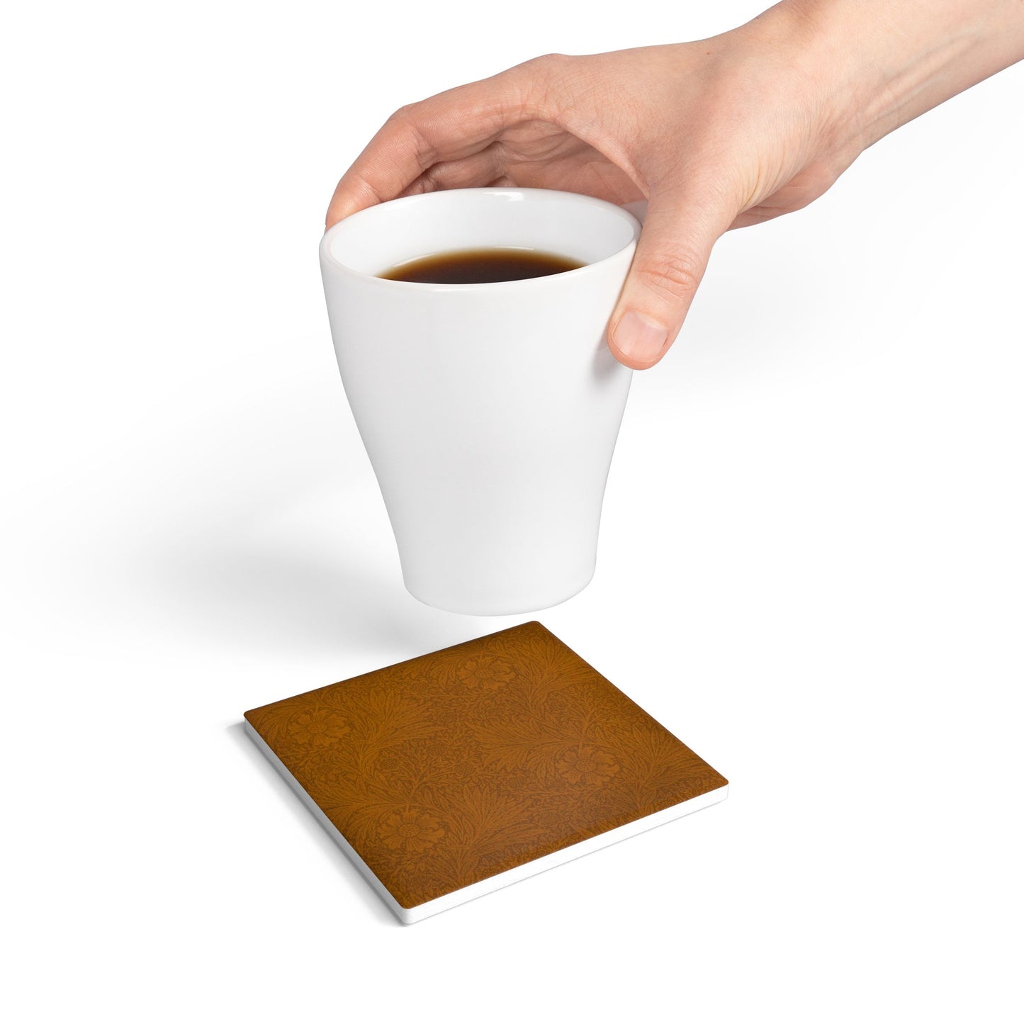Saddle Tan Ceramic Coaster Tonal Botanical Drink Coaster