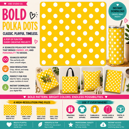 Yellow Polka Dot Seamless Pattern Bright Dot Pattern PNG 8000x8000 Repeat Tile