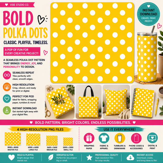 Yellow Polka Dot Seamless Pattern Bright Dot Pattern PNG 8000x8000 Repeat Tile