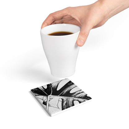 Monstera Leaf Black Ceramic Coaster Botanical Drink Coaster