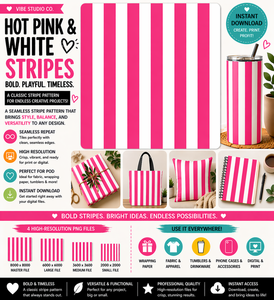 Hot Pink and White Stripe Seamless Pattern Bold Stripe Pattern PNG 8000x8000 Repeat Tile