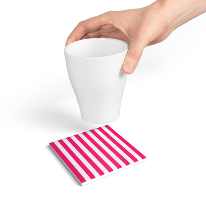Pink Stripe Ceramic Coaster Square or Round Pink and White Striped Drink Coaster