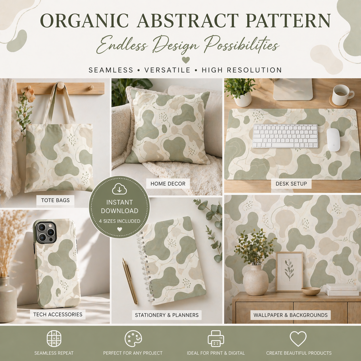 Organic Abstract Seamless Pattern Sage Neutral Pattern PNG 8000x8000 Repeat Tile