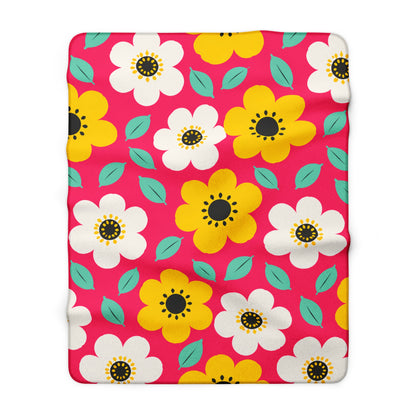 Happy Flower Sherpa Fleece Blanket Cozy Plush Throw Retro Daisy Blanket