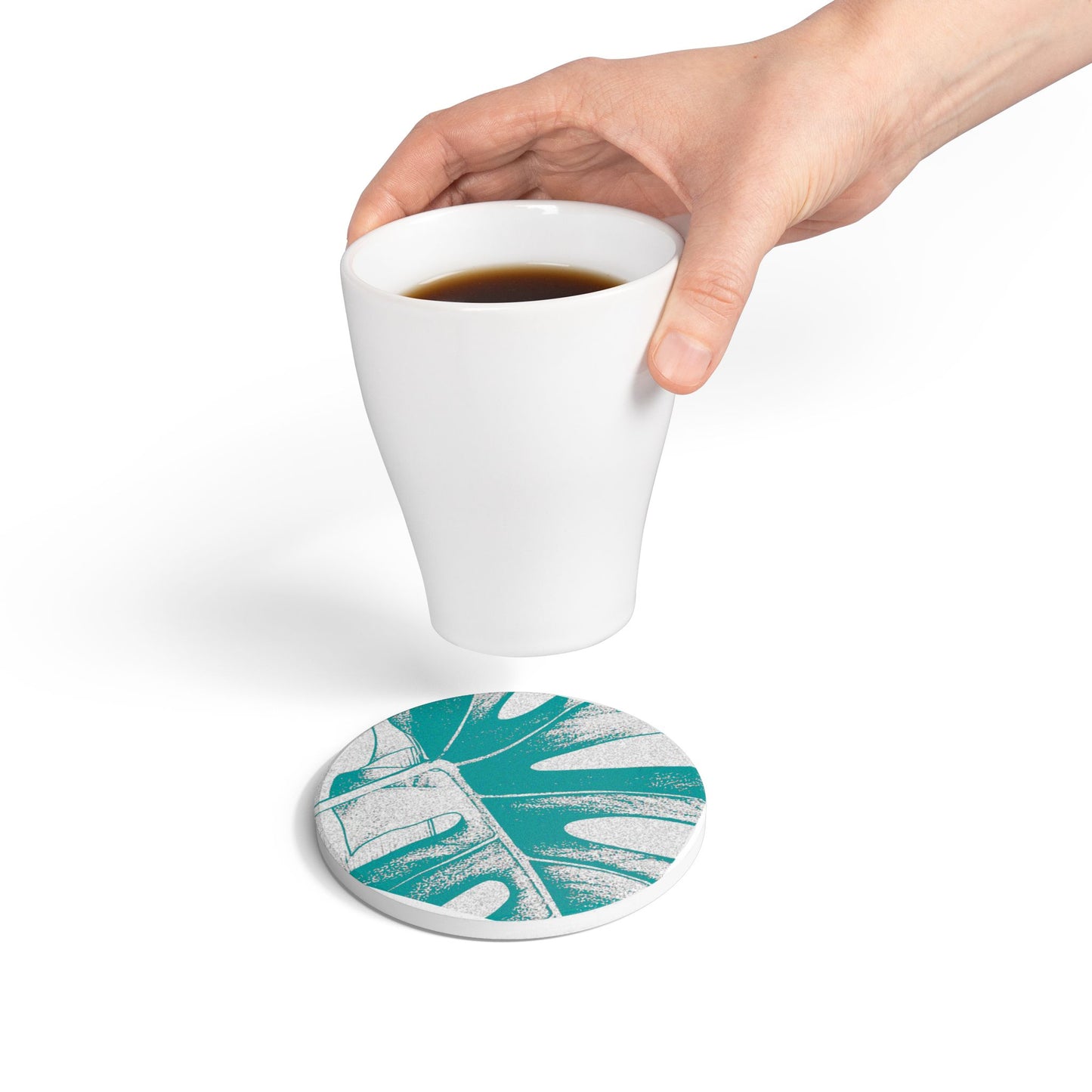 Monstera Leaf Deep Aqua Ceramic Coaster Botanical Drink Coaster