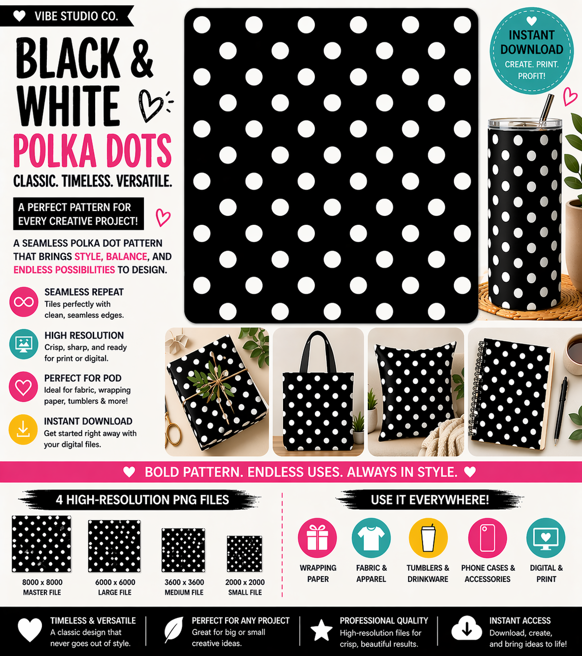Black and White Polka Dot Seamless Pattern Classic Dot Pattern PNG 8000x8000 Repeat Tile