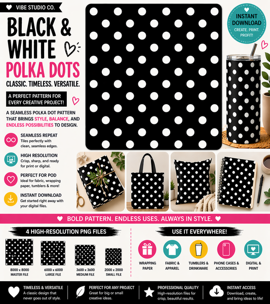 Black and White Polka Dot Seamless Pattern Classic Dot Pattern PNG 8000x8000 Repeat Tile