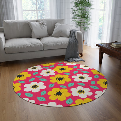 Happy Flower Round Area Rug 60 Inch Retro Daisy Floor Rug