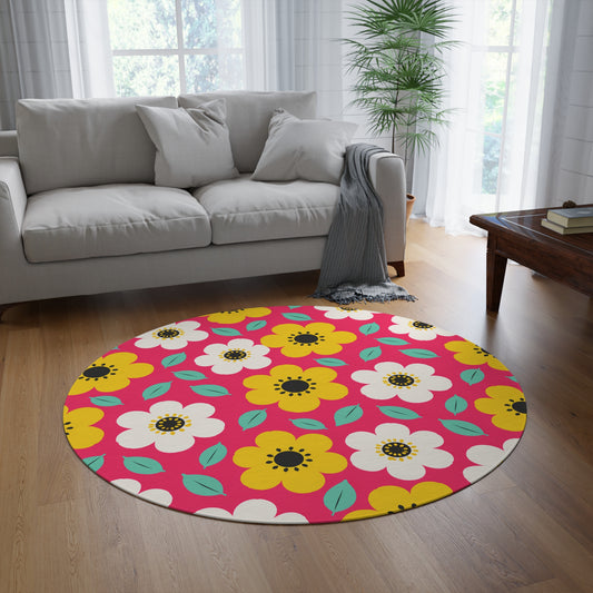 Happy Flower Round Area Rug 60 Inch Retro Daisy Floor Rug