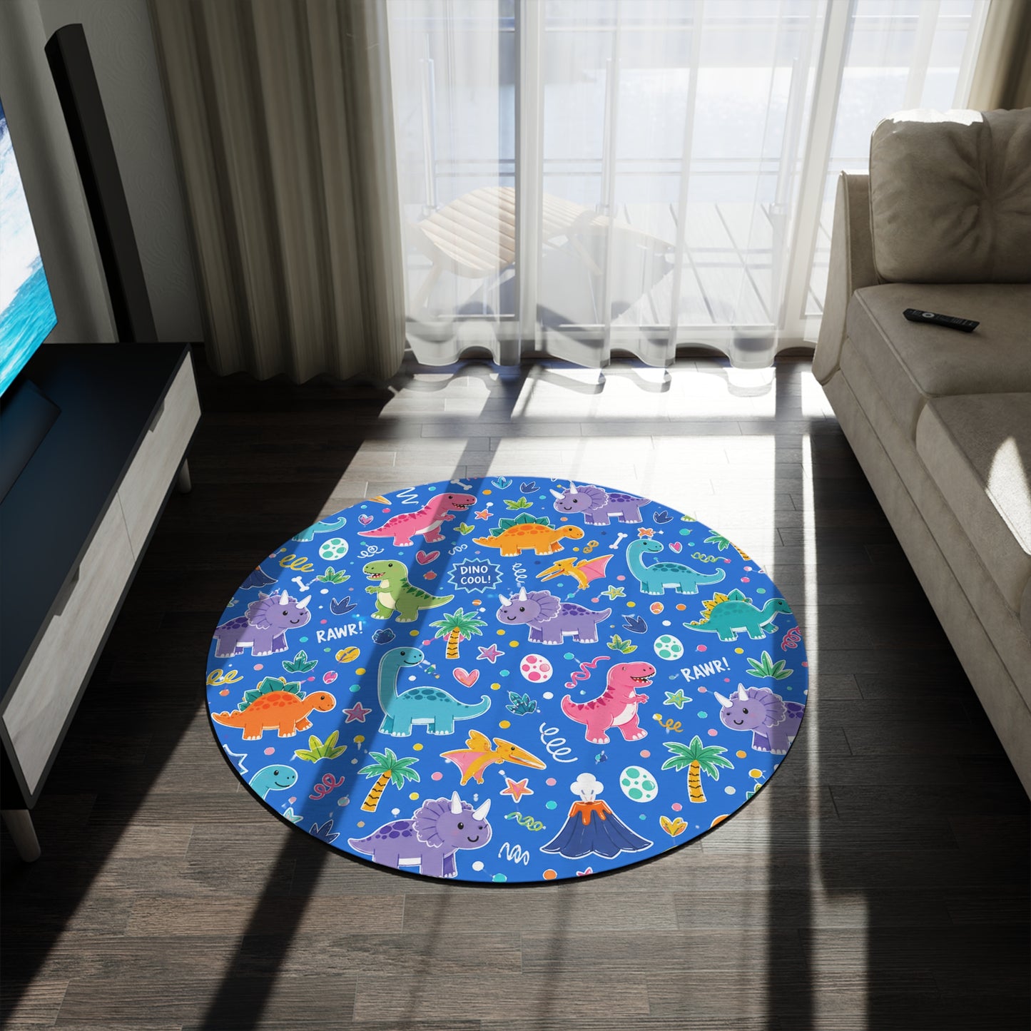 Blue Dino Round Rug 60 Inch Dinosaur Area Rug