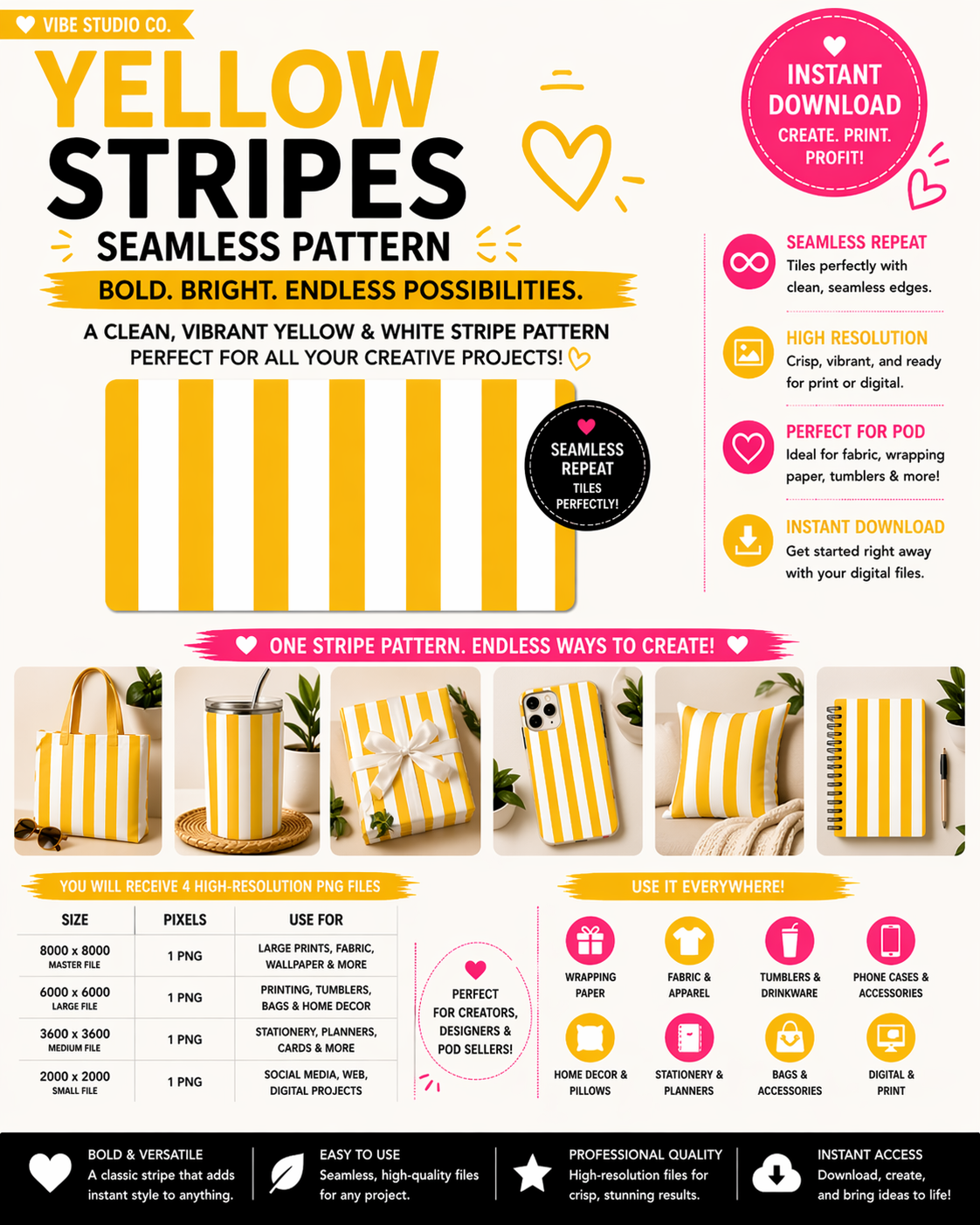 Yellow and White Stripe Seamless Pattern Bold Stripe Pattern PNG 8000x8000 Repeat Tile
