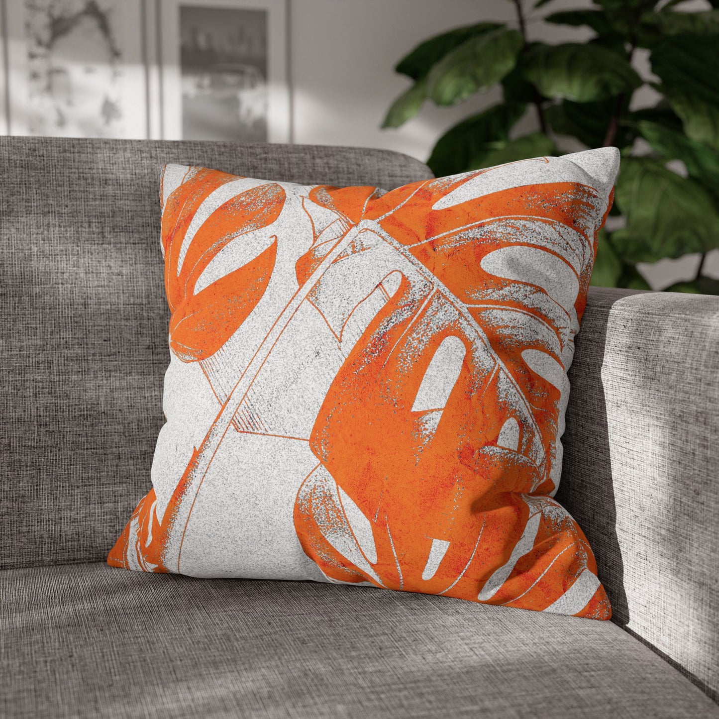 Monstera Leaf Tangerine Canvas Pillow Cover 20x20
